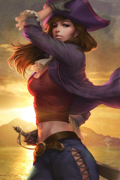 Anime picture 667x1000 with original artgerm (stanley lau) single long hair tall image brown hair green eyes sky cloud (clouds) sunlight realistic midriff evening sunset mountain girl gloves navel weapon sword