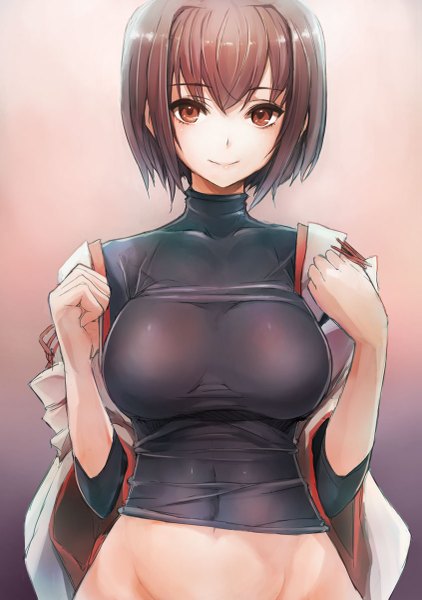 Anime picture 845x1200 with kantai collection hyuuga battleship taishi (picchiridou) single tall image looking at viewer short hair breasts light erotic smile brown hair brown eyes undressing girl navel bodysuit