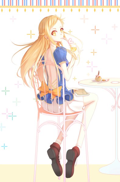 Anime picture 1500x2281 with original orangina koyaya (sorano) single long hair tall image blush blonde hair sitting yellow eyes looking back orange eyes back drinking girl skirt bow socks boots sweets