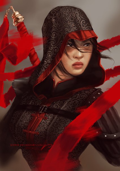 Anime picture 600x849 with assassin's creed (game) assassin's creed chronicles china shao jun jodie muir single tall image short hair black hair simple background signed looking away lips black eyes grey background turning head assassin girl ribbon (ribbons) weapon sword