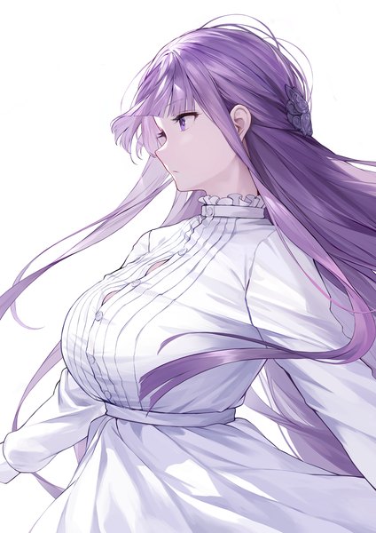 Anime picture 1000x1414 with sousou no frieren fern (sousou no frieren) an yasuri single long hair tall image fringe breasts simple background standing white background purple eyes looking away purple hair blunt bangs long sleeves profile girl dress hair ornament