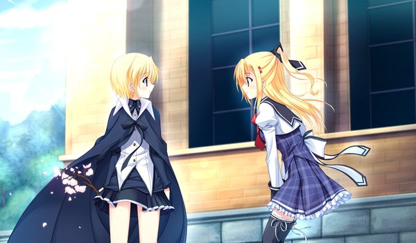 Anime picture 1024x600 with da capo iii morizono rikka tanihara natsuki long hair blush short hair blue eyes blonde hair wide image multiple girls game cg girl thighhighs uniform black thighhighs 2 girls school uniform branch