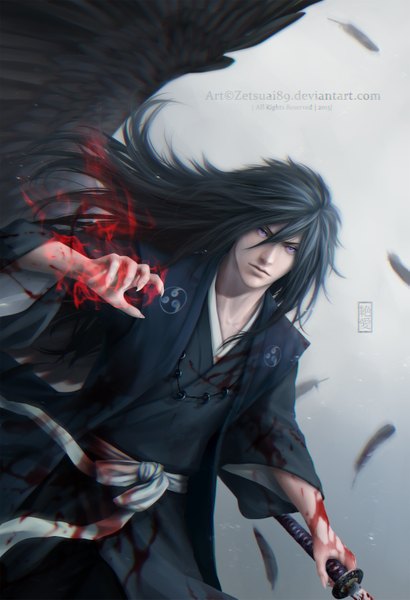 Anime picture 2149x3146 with naruto studio pierrot naruto (series) uchiha madara zetsuai89 single long hair tall image looking at viewer highres holding traditional clothes japanese clothes fingernails lips realistic wide sleeves long fingernails black wings bloody clothes