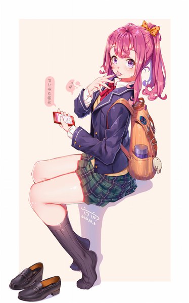 Anime picture 900x1444 with original fangxiang cuoluan single long hair tall image blush fringe sitting purple eyes holding looking away pink hair full body bent knee (knees) ponytail pleated skirt open clothes text border finger to mouth