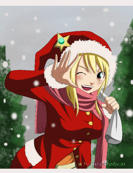 Anime picture 1860x2420 with fairy tail lucy heartfilia lworldchiefl single long hair tall image blush highres open mouth blonde hair smile brown eyes one eye closed wink coloring snowing christmas winter merry christmas girl