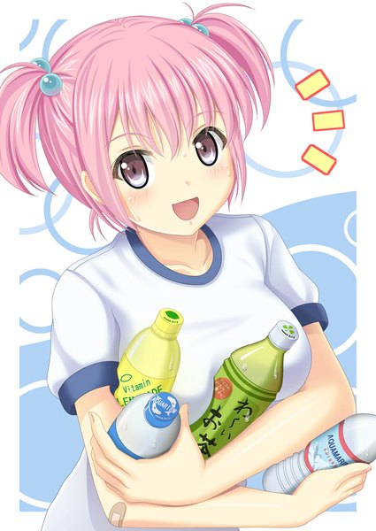 Anime picture 724x1023 with original fuyu urara single tall image looking at viewer blush short hair open mouth blue eyes twintails pink hair short twintails girl uniform gym uniform bottle