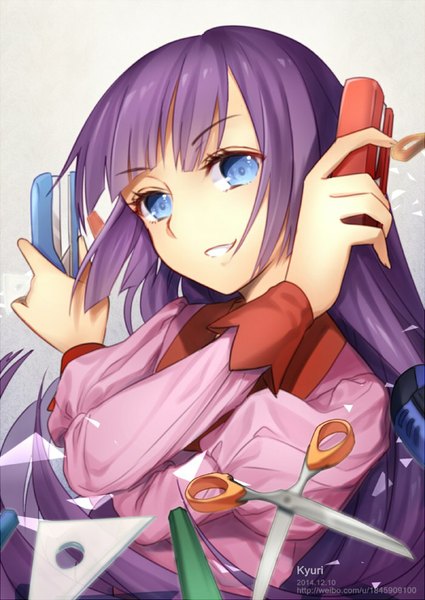 Anime picture 700x988 with bakemonogatari shaft (studio) monogatari (series) senjougahara hitagi kyuri tizu single long hair tall image looking at viewer fringe blue eyes smile holding signed purple hair long sleeves grey background puffy sleeves crossed arms girl