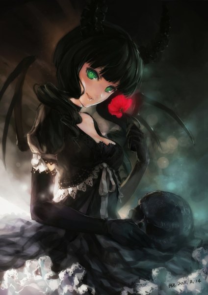 Anime picture 1000x1414 with black rock shooter dead master hjl single long hair tall image looking at viewer highres open mouth black hair green eyes horn (horns) black wings girl dress gloves flower (flowers) elbow gloves black dress skull