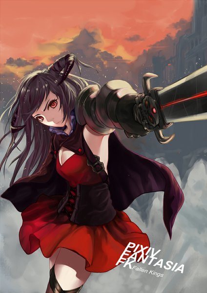 Anime picture 789x1116 with original pixiv fantasia pixiv fantasia fallen kings haiashi single long hair tall image looking at viewer fringe black hair red eyes holding sky cloud (clouds) head tilt horn (horns) shadow eyebrows mountain demon girl