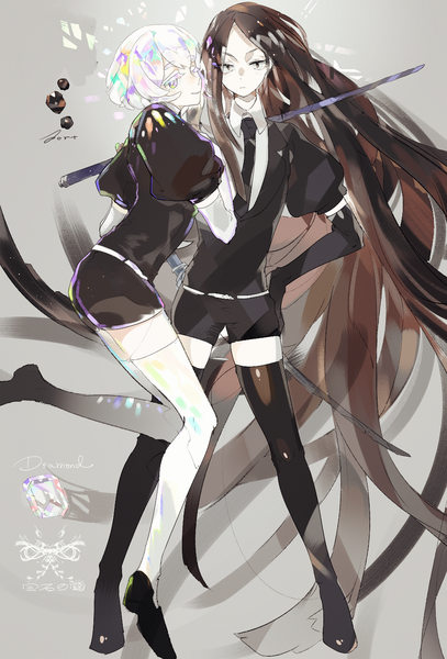 Anime picture 950x1400 with houseki no kuni diamond (houseki no kuni) bort emera tall image looking at viewer short hair brown hair silver hair very long hair black eyes grey background puffy sleeves character names hand on hip silver eyes androgynous thighhighs gloves weapon