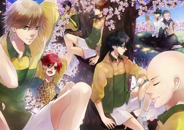 Anime picture 1500x1062 with prince of tennis shiraishi kuranosuke oshitari kenya zaizen hikaru tooyama kintarou chitose senri hitouji yuuji ishida gin konjiki koharu otsuki (artist) short hair black hair blonde hair sitting yellow eyes purple hair red hair eyes closed profile cherry blossoms