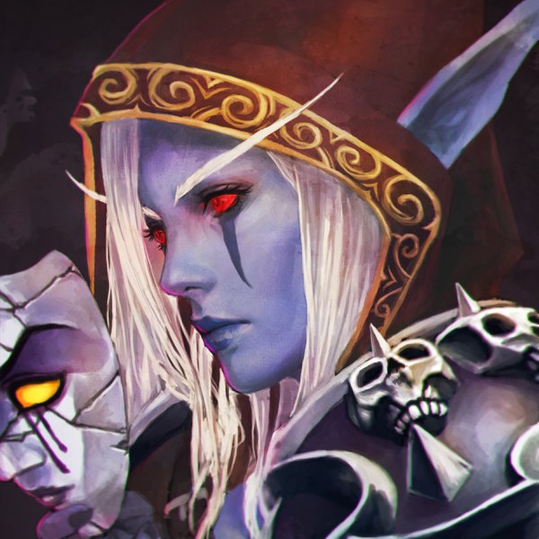 イラスト 2475x2475 と world of warcraft warcraft blizzard entertainment sylvanas windrunner monori rogue ソロ highres 赤い目 looking away white hair プロフィール エルフ耳 black background portrait eyebrows elf face paint crack purple skin red sclera