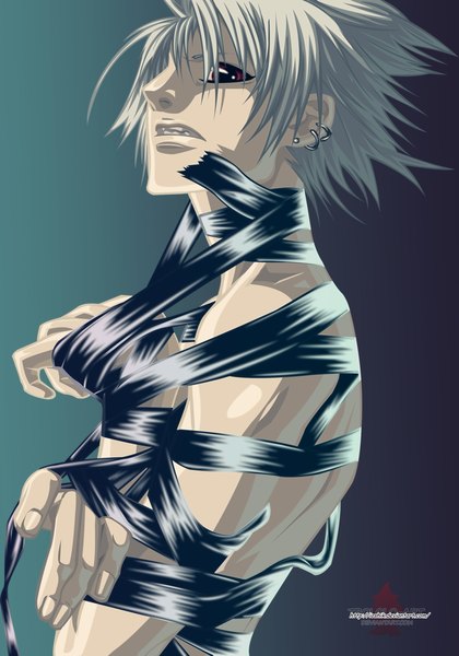 Anime picture 910x1300 with dogs: bullets & carnage david production haine rammsteiner ioshik single tall image short hair red eyes silver hair piercing coloring ear piercing dark background bondage boy