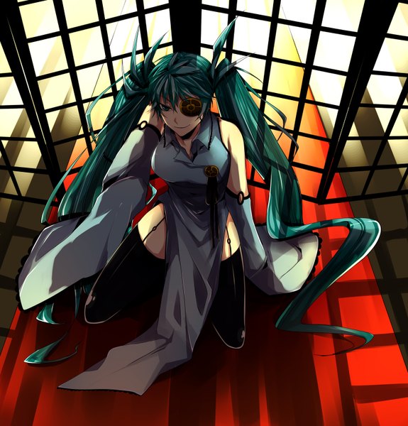 Anime picture 1500x1565 with vocaloid hatsune miku nitaka (fujikichi) single tall image fringe breasts smile large breasts twintails green eyes long sleeves very long hair traditional clothes green hair from above sunlight wide sleeves shadow alternate costume