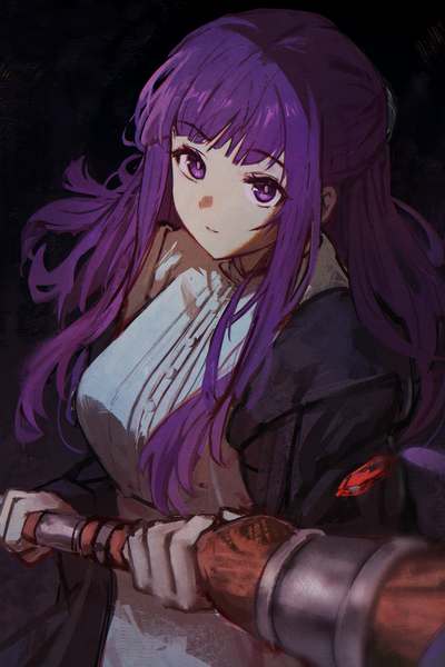 Anime picture 1447x2169 with sousou no frieren fern (sousou no frieren) cherre single long hair tall image fringe simple background purple eyes purple hair from above black background half updo girl staff