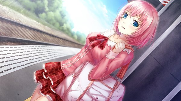 Anime picture 1280x720 with ayame no machi to ohimesama kazuharu kina single looking at viewer blush short hair breasts open mouth blue eyes wide image large breasts pink hair game cg sky cloud (clouds) girl skirt uniform plant (plants) school uniform