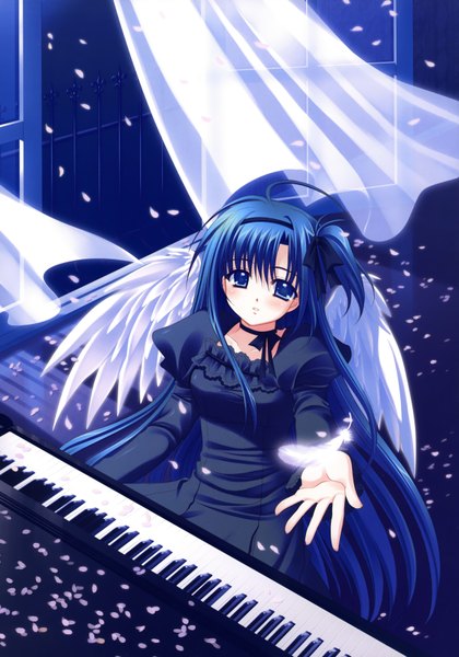 Anime picture 2436x3480 with nishimata aoi long hair tall image highres blue eyes blue hair girl dress petals wings hairband feather (feathers) piano