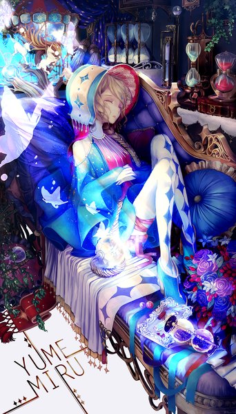 Anime picture 1000x1751 with original minnncho single long hair tall image blonde hair sitting braid (braids) eyes closed long sleeves wide sleeves high heels single braid light sleeping framed sand girl flower (flowers) plant (plants)