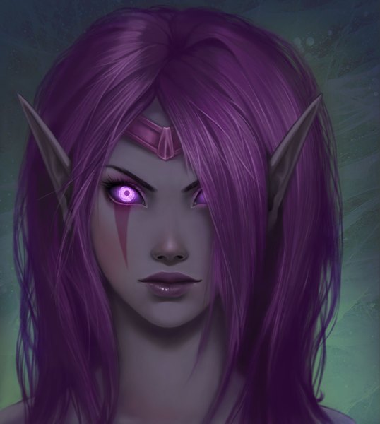 Anime picture 1100x1227 with league of legends morgana (league of legends) enchantress-lele single long hair tall image looking at viewer purple eyes purple hair lips pointy ears girl