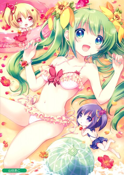 Anime picture 2472x3500 with melonbooks yamada ako long hair tall image looking at viewer blush highres short hair breasts open mouth blue eyes light erotic blonde hair red eyes twintails multiple girls blue hair hair flower green hair scan