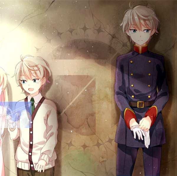 Anime picture 1190x1182 with aldnoah.zero a-1 pictures slaine troyard asseylum vers allusia rirako long hair blush fringe short hair open mouth blue eyes blonde hair standing looking away multiple boys pointing alternate age girl boy gloves