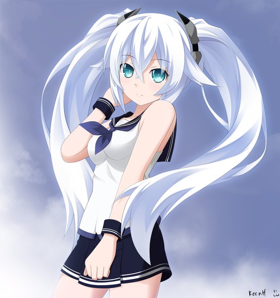 Anime picture 939x1000 with choujigen game neptune noire keenh single tall image looking at viewer breasts standing twintails bare shoulders signed pleated skirt aqua eyes light smile bare legs sleeveless gradient background girl skirt uniform