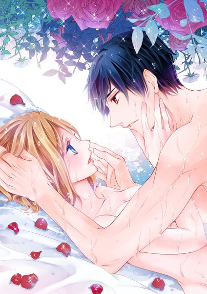 Anime picture 2016x2854 with eromeruhen: ningyohime lotte (eromeruhen: ningyohime) abel (eromeruhen: ningyohime) takano yumi tall image blush highres short hair blue eyes light erotic simple background blonde hair red eyes blue hair lying profile nude official art wet couple