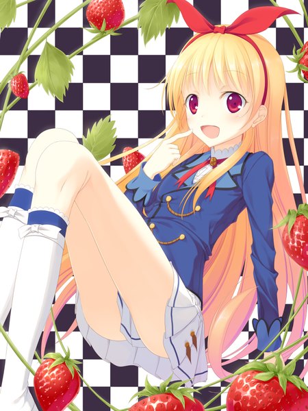 Anime picture 3000x4000 with aikatsu! hoshimiya ichigo mac-kine single long hair tall image highres open mouth blonde hair red eyes girl skirt uniform bow hair bow school uniform miniskirt food berry (berries) strawberry