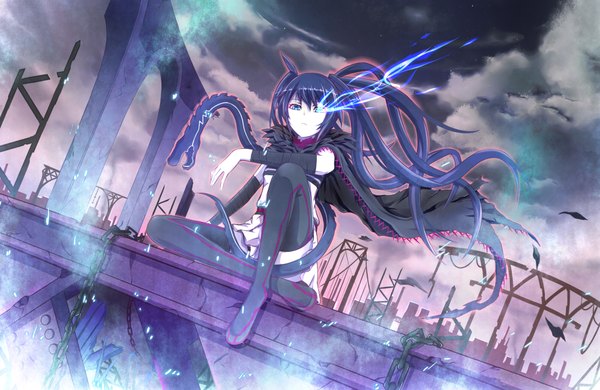 Anime picture 2000x1300 with black rock shooter black rock shooter (character) paparins (artist) single long hair highres blue eyes black hair twintails cloud (clouds) glowing glowing eye (eyes) girl skirt miniskirt thigh boots chain