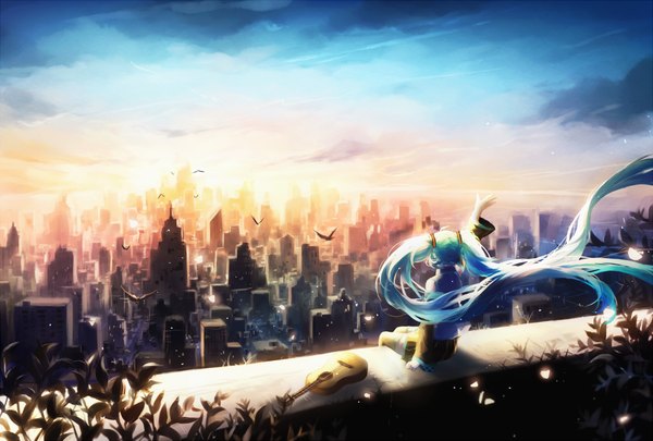 Anime picture 1200x810 with vocaloid hatsune miku domik single sitting twintails sky cloud (clouds) very long hair from behind aqua hair city evening sunset cityscape girl thighhighs plant (plants) animal bird (birds)