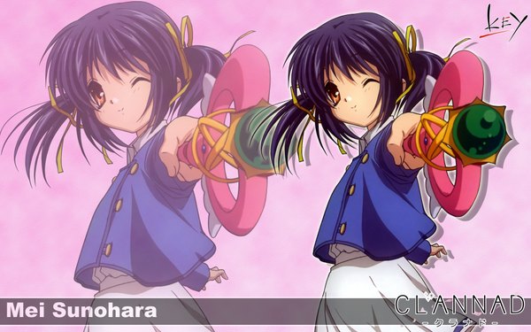 Anime picture 1920x1200 with clannad key (studio) sunohara mei single looking at viewer highres short hair simple background red eyes wide image twintails purple hair upper body wallpaper copyright name character names short twintails pink background girl ribbon (ribbons)