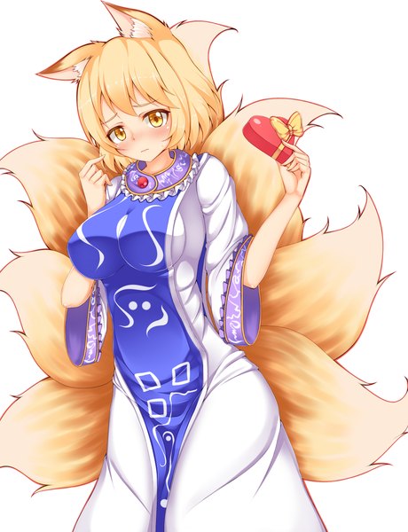 Anime picture 1150x1500 with touhou yakumo ran kuroleo single tall image looking at viewer blush short hair simple background blonde hair white background animal ears yellow eyes tail animal tail fox ears fox tail valentine frown girl