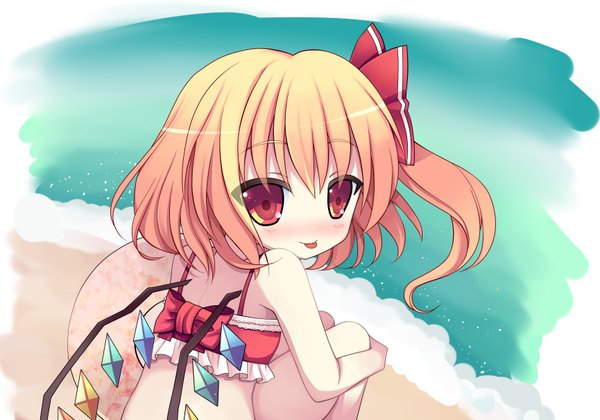 Anime picture 3459x2427 with touhou flandre scarlet swami single blush highres short hair blonde hair red eyes absurdres :p girl swimsuit wings crystal