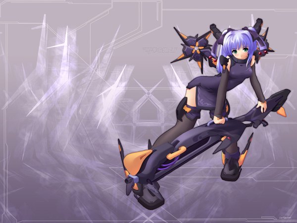 Anime picture 1280x960 with virtual on specineff (series) specineff the end zbd60724 single long hair looking at viewer blush standing holding green eyes purple hair full body copyright name third-party edit humanization girl thighhighs dress weapon