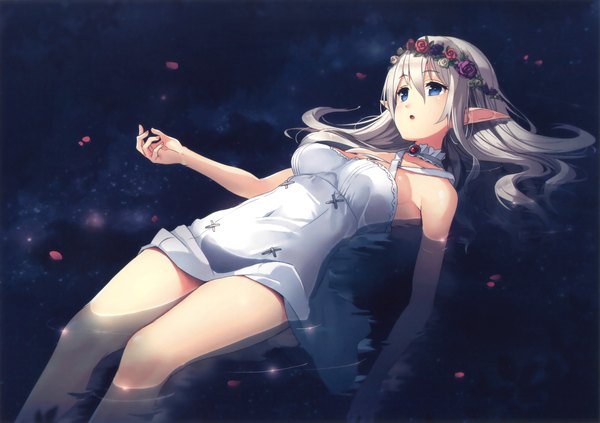 Anime picture 3300x2329 with original eshi 100-nin ten paseri single long hair highres blue eyes looking away absurdres silver hair pointy ears scan bare legs :o girl dress petals water sundress wreath