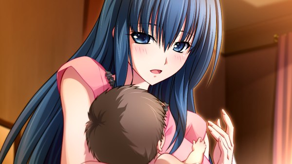 Anime picture 1024x576 with zero infinity long hair blush open mouth blue eyes wide image blue hair game cg girl child (children)