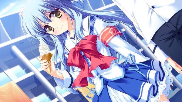 Anime picture 1024x576 with strawberry nauts long hair blush smile wide image yellow eyes blue hair game cg girl uniform bow school uniform food sweets ice cream