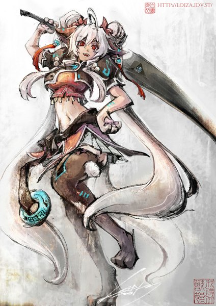 Anime picture 707x1000 with loiza single tall image looking at viewer smile red eyes tail very long hair animal tail grey hair girl navel weapon sword