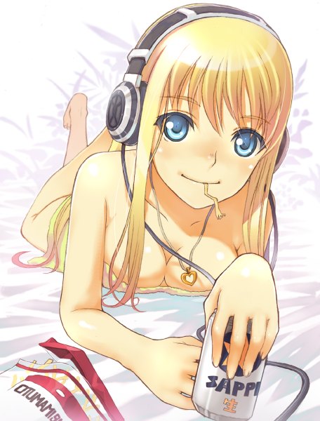 Anime picture 912x1200 with original sapporo (beer) hirokiku single long hair tall image looking at viewer breasts blue eyes light erotic simple background blonde hair smile white background girl food headphones pendant towel alcohol
