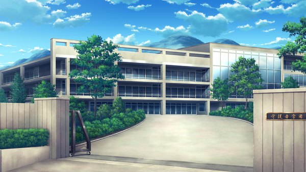 Anime picture 2048x1152 with guardian place skyfish (studio) highres wide image game cg sky cloud (clouds) no people plant (plants) tree (trees) school