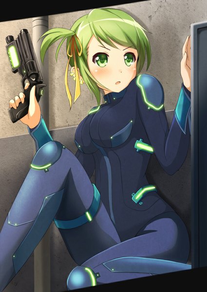 Anime picture 708x1000 with original ok-ray single tall image blush short hair breasts open mouth green eyes green hair girl weapon gun bodysuit
