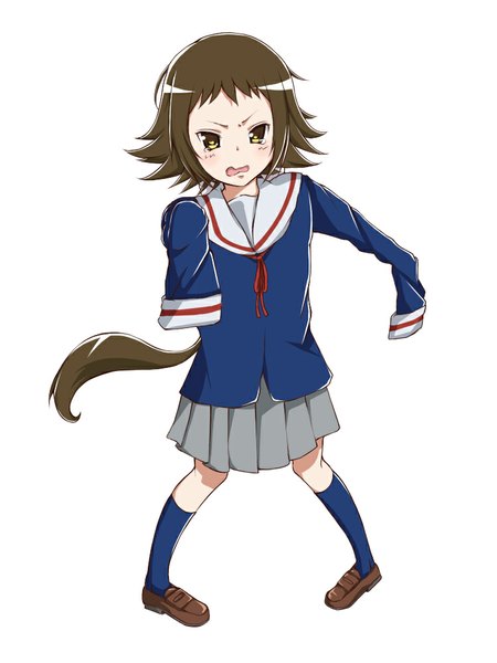 Anime picture 750x1000 with mikakunin de shinkoukei doga kobo mitsumine mashiro inushi inusi0719 single long hair tall image blush fringe open mouth simple background brown hair white background yellow eyes long sleeves pleated skirt girl skirt uniform