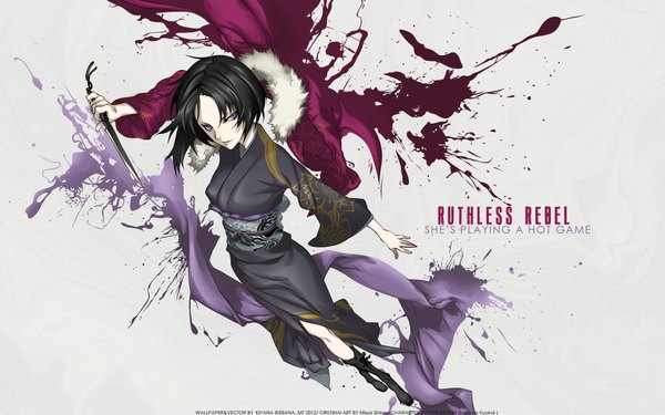 Anime picture 1920x1200 with kara no kyoukai type-moon ryougi shiki miwa shirow single highres short hair blue eyes black hair red eyes wide image white background traditional clothes japanese clothes inscription girl weapon sword boots belt