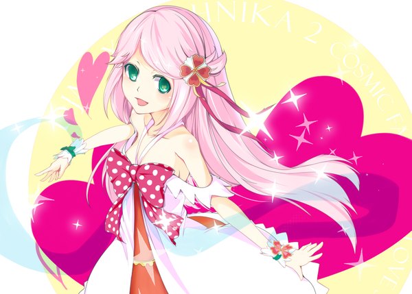 Anime picture 1787x1280 with dj max single long hair blush highres open mouth simple background smile white background bare shoulders green eyes pink hair inscription girl bow ribbon (ribbons) heart