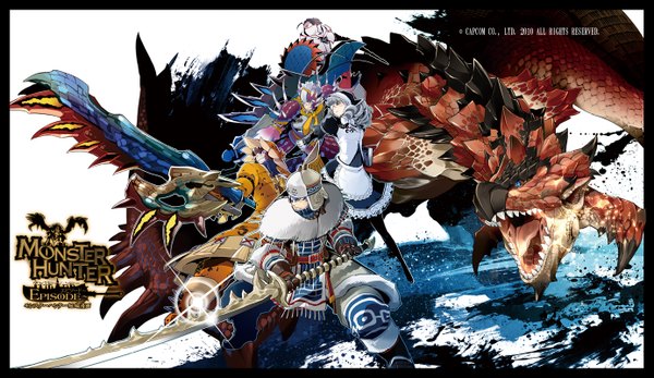 Anime picture 1383x800 with monster hunter capcom long hair short hair blue eyes simple background brown hair wide image yellow eyes silver hair ahoge aqua eyes grey hair official art multiple boys teeth maid scar angry clenched teeth