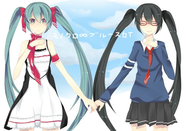 Anime picture 2000x1411 with vocaloid hatsune miku highres black hair twintails green hair girl