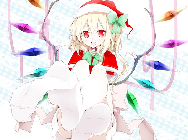 Anime picture 2070x1552 with touhou flandre scarlet oouso (usotsukiya) single looking at viewer blush fringe highres short hair open mouth blonde hair hair between eyes red eyes bent knee (knees) barefoot teeth fang (fangs) legs christmas plaid