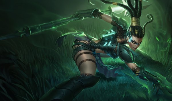 Anime picture 1215x717 with league of legends nidalee (league of legends) single long hair black hair wide image tattoo piercing magic face paint girl gloves plant (plants) grass trident dreadlocks