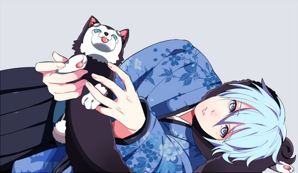 Anime picture 1200x699 with kuroko no basket production i.g kuroko tetsuya tetsuya no.2 yuna (rutera) single looking at viewer short hair blue eyes simple background wide image holding blue hair lying traditional clothes japanese clothes grey background floral print boy dog