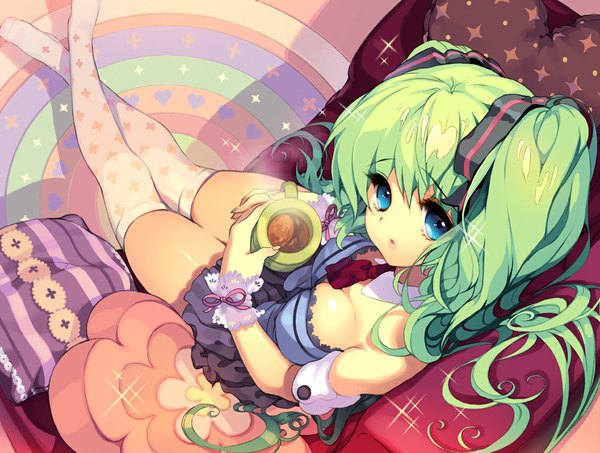 Anime picture 1144x865 with vocaloid hatsune miku cherrypin long hair looking at viewer blue eyes sitting twintails holding green hair zettai ryouiki girl thighhighs pillow tea yunomi